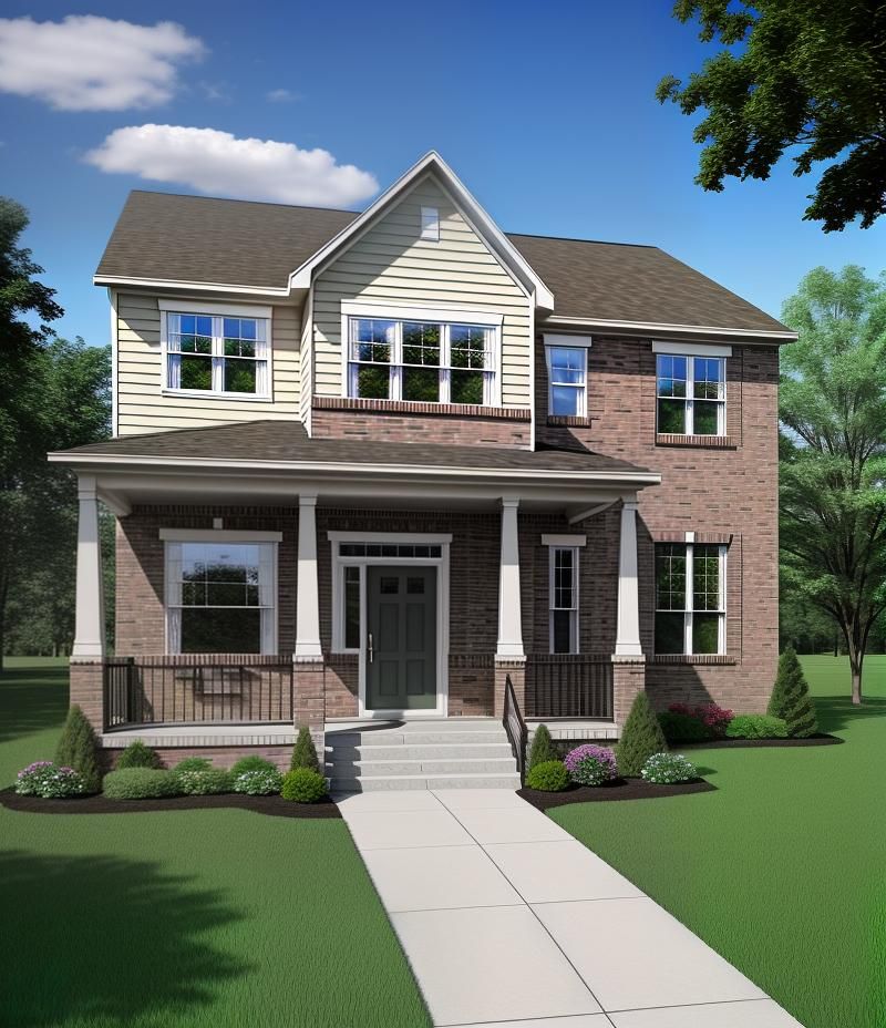 Modern two-story brick home with a welcoming front porch, large windows, and landscaped yard, representing Headwaters Remodeling's residential renovation capabilities in Fort Wayne, IN.