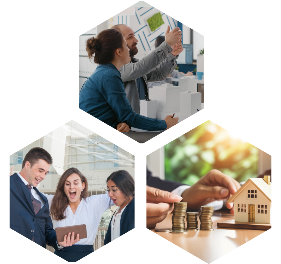 Group 4 (1) Group of professionals discussing architectural models, excited business team celebrating a successful deal, and hands counting coins next to a house model, representing commercial construction and investment opportunities.