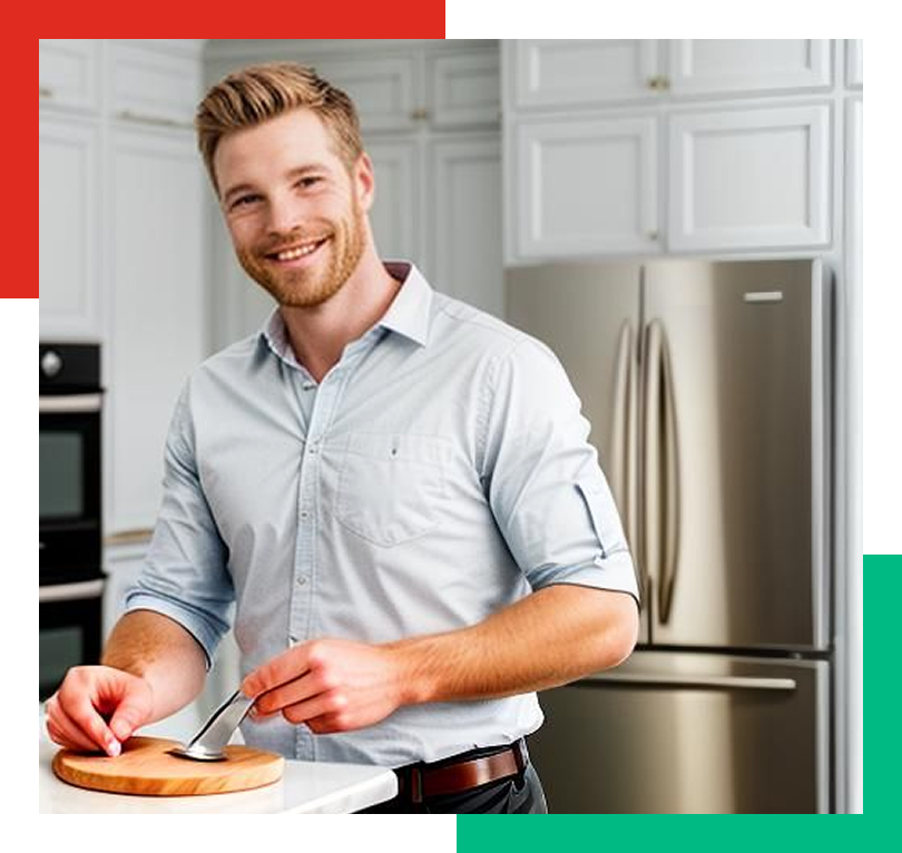 Smiling man in a light blue shirt preparing food on a wooden cutting board in a modern kitchen, showcasing quality craftsmanship and personalized service in home remodeling.