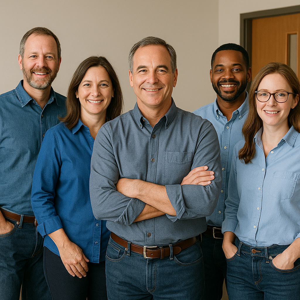 Team of Headwaters Remodeling in Fort Wayne, IN, smiling together, showcasing professionalism and collaboration, dressed in blue shirts and jeans, in a warm, inviting indoor setting.
